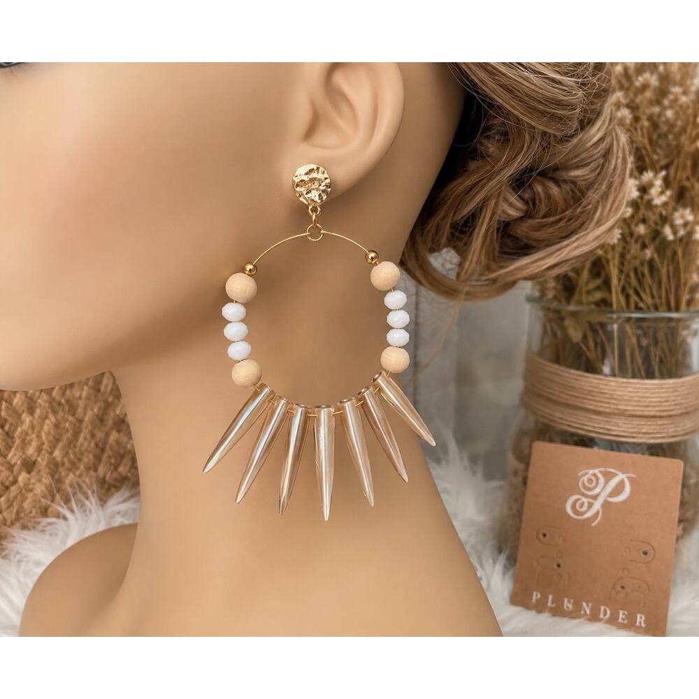 NWT Plunder Boho Hoop Earrings Shell Spike Wood Bead Coastal Statement Earrings